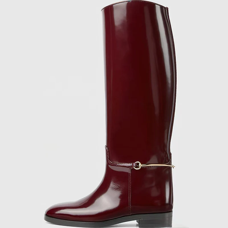 Claret Round Toe Metal Decoration Flat Heel Knee-High Boots Woman Winter 2025 New In Black Slip-On Boots Fashion Shoes for Women