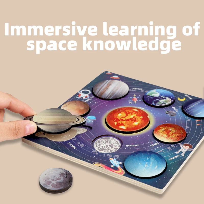 Crianças de madeira espaço planeta quebra-cabeças sistema solar planetas brinquedos planeta jogo correspondência jigsaw bandeja universo ciência aprendizagem brinquedo
