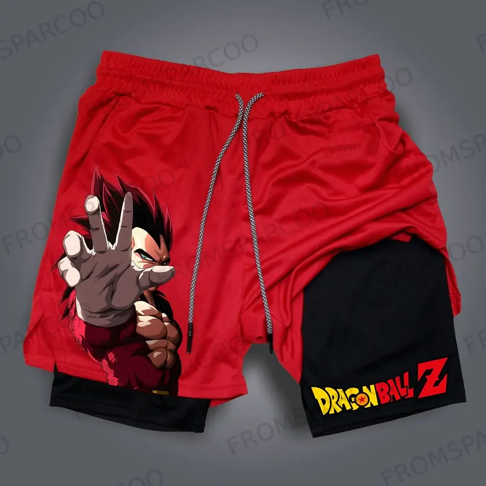 Pantalones cortos de gimnasio Dragon Ball Z 2025 Goku Super Saiyan God estampado azul rojo negro entrenamiento muscular ropa deportiva de secado rápido