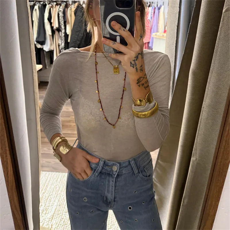 قميص نسائي أنيق مفتوح الظهر بأكمام طويلة بدون ظهر ورقبة قارب بلوزة للخروج ملابس Y2k بلوزة جمالية منخفضة الظهر