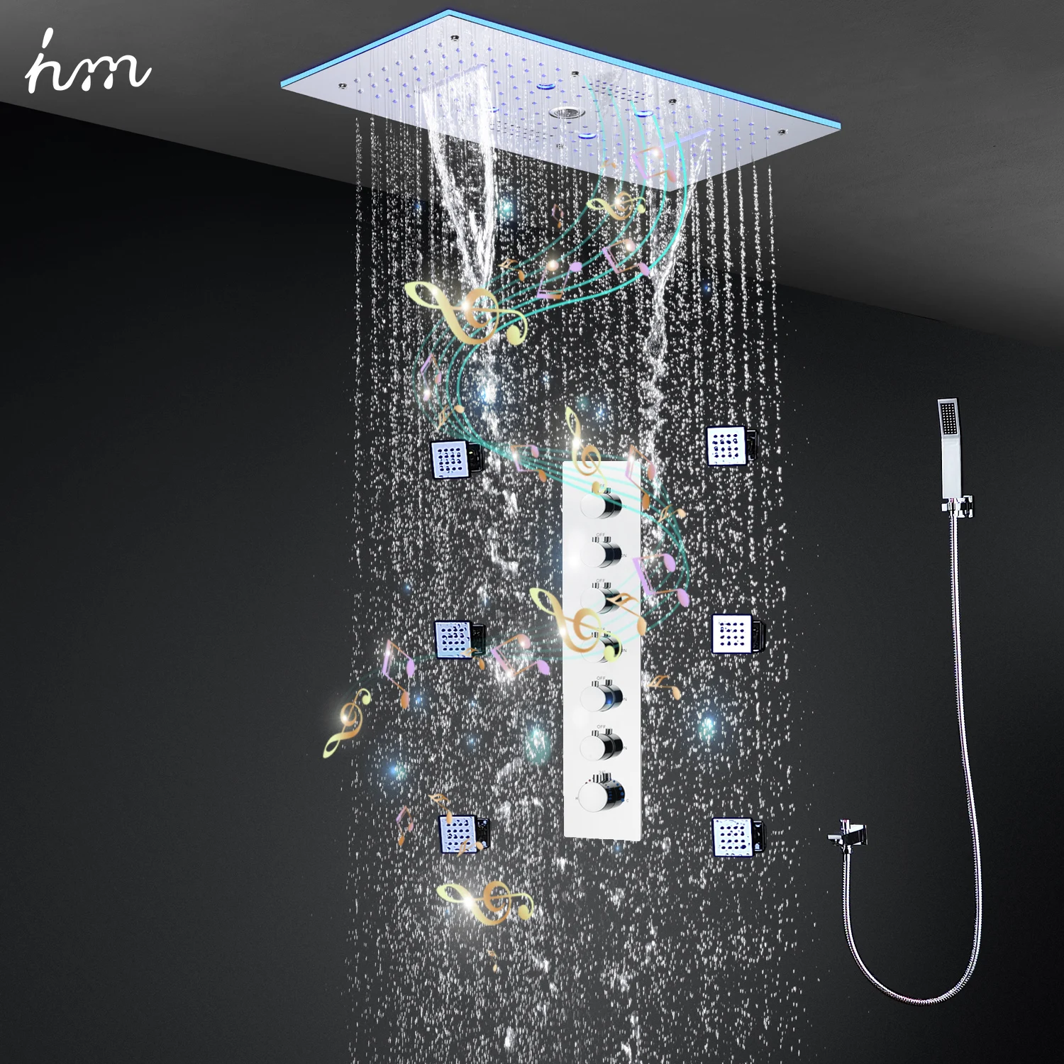 hm Music Thermostatic Shower System 12x24Inch 300x600MM Ceiling LED Rain Waterfall Shower Head Set With 2Inch Massage body jets