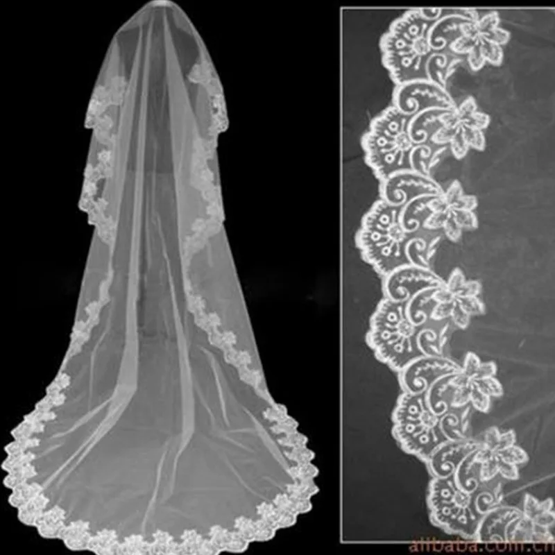 Bridal Veil 3 Meters Long White Single Layer Lace Trim Wedding Veil for Bride Ceremony and Photoshoot