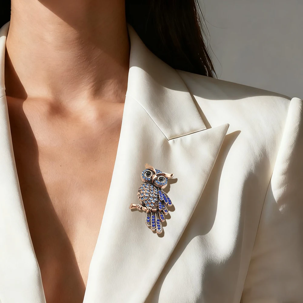 Fashion rhinestone owl brooch, fun bag badge, elegant coat and suit pin for men and women, a joyful gift for friends