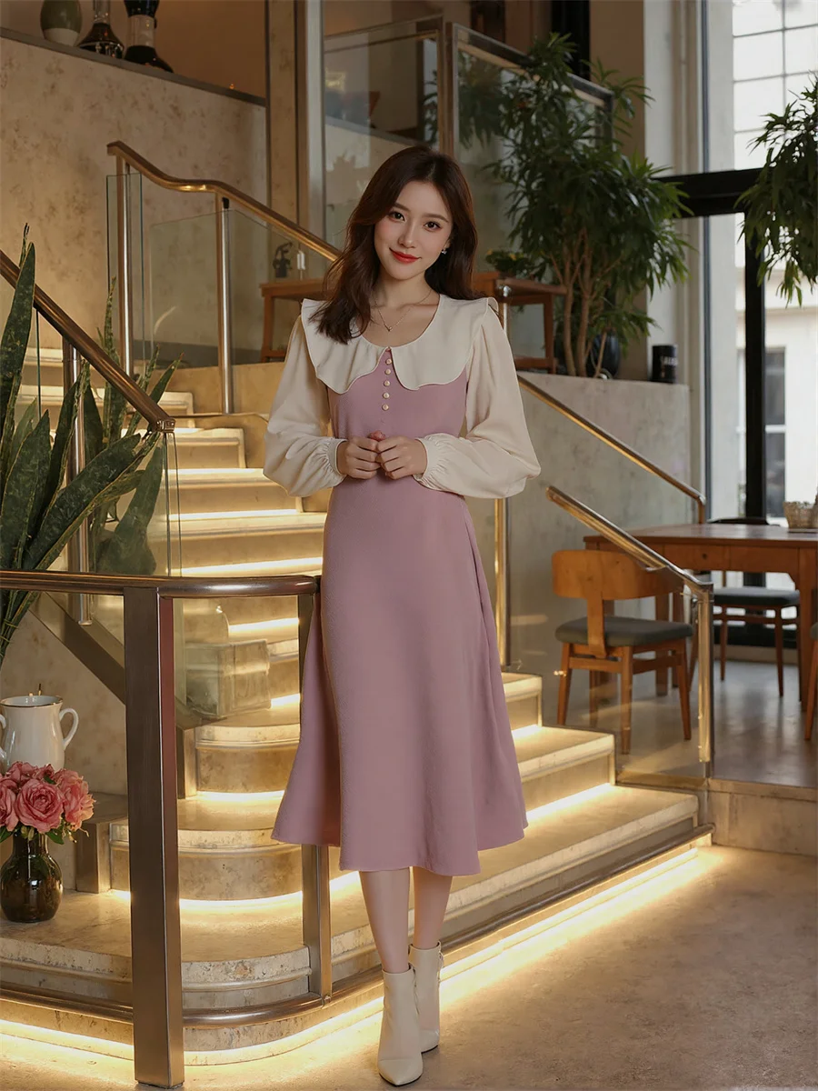 여성 드레스 우아한 여성 2025 긴 소매 블랙 화이트 패치워크 큐프로 커브드 컷 귀여운 컷아웃 사이버 데일리 데이지 댄스