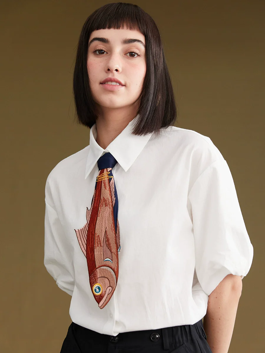 Original Design Women Color Contrast Asymmetrical Playful Fish Embroidered Neck Tie