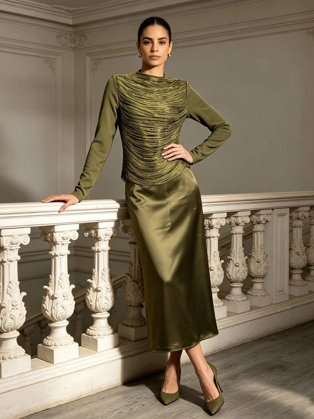 Fashion Temperament Set Autumn New Elegant And Stylish Su Satin Design Sense Women'S Fashion Two-Piece Set