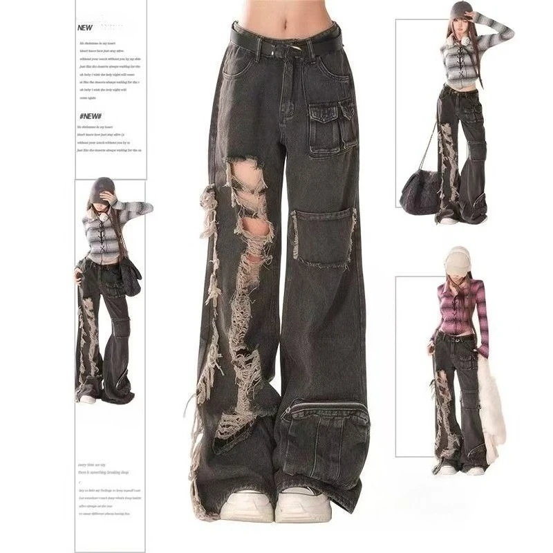 Jeans vintage americani Y2k con foro Pantaloni in denim sottocultura effetto consumato a figura intera Pantaloni stile punk retrò larghi e chic Bottone a vita media