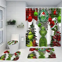 Merry Christmas Cartoon Shower Curtain  Witch Bath Sets Waterproof Non-Slip Bathroom Rug Toilet U  With 12 Hooks Home Deco