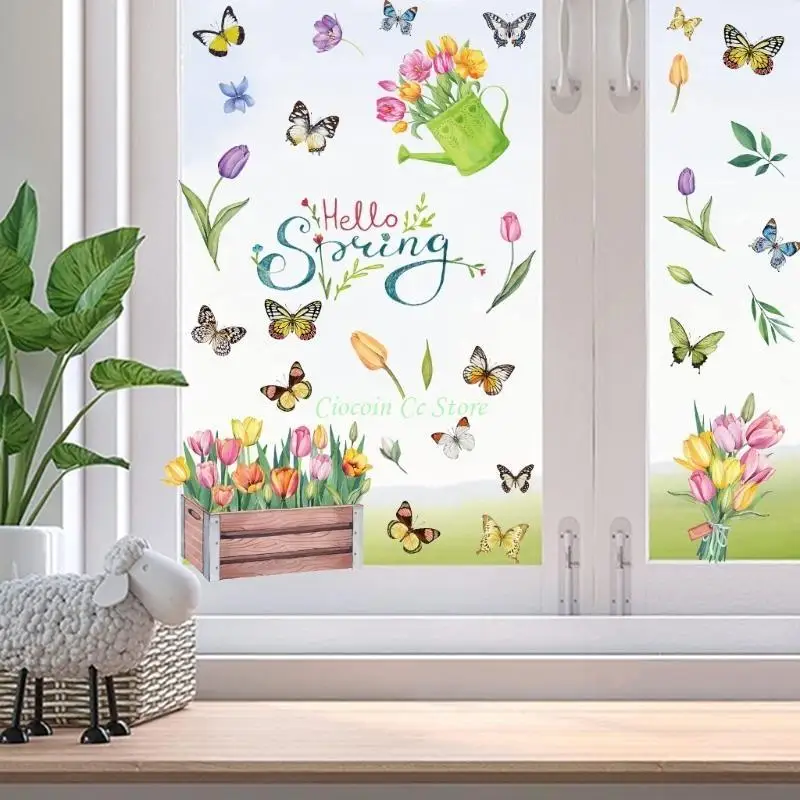 X90F 9 Sheets Spring Window Decal Tulips and Butterfly Double Sided Clings Easy To Apply Remove Sticker for Seasonal Decors