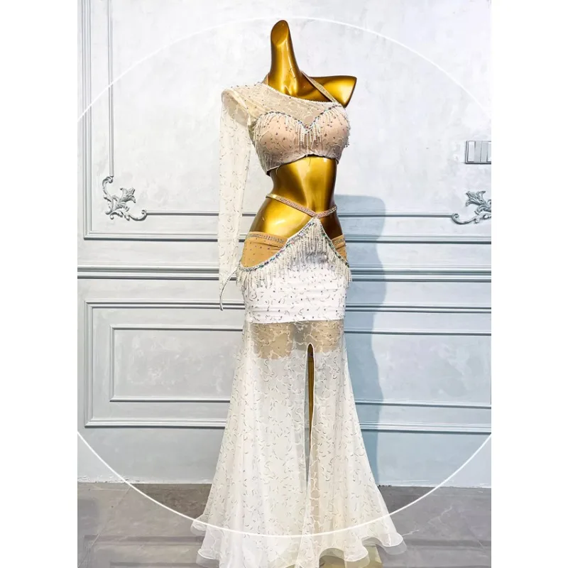 Customized White Oriental Belly Dance Costumes Practice Performance Dress Set Female Sexy Modern Dance Dress Belly Dancing Bra
