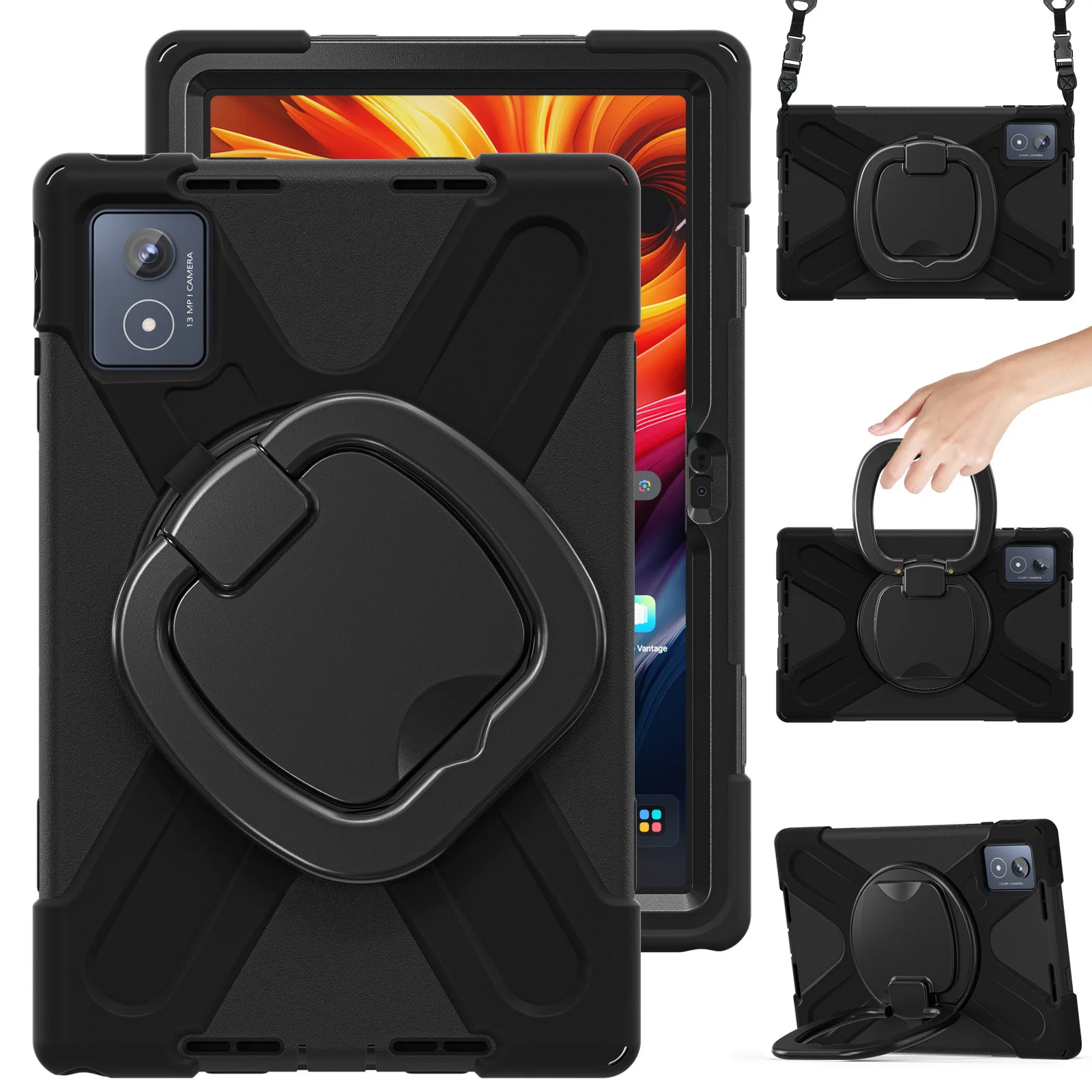 

For Lenovo Tab K11 Plus / Zhaoyang K11 B352FU, TB230XC Case with Shoulder Strap TPU + PC + Silicone Kickstand Tablet Cover - Bla