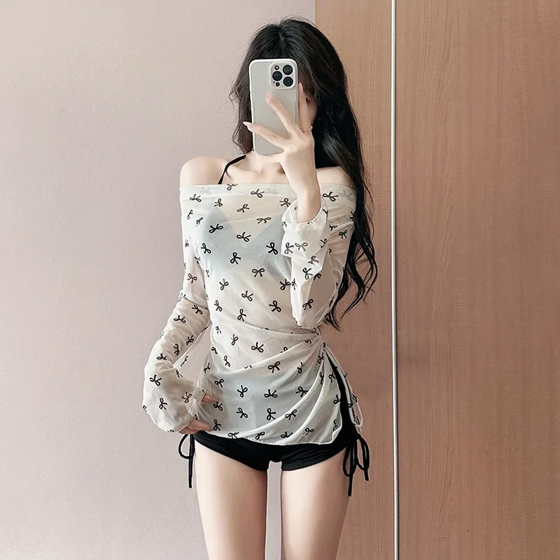 أطقم بيكيني بفيونكة محافظة على الموضة الكورية المثيرة مكونة من ثلاث قطع شورت برباط مع غطاء شبكي منظور ملابس سباحة سموك