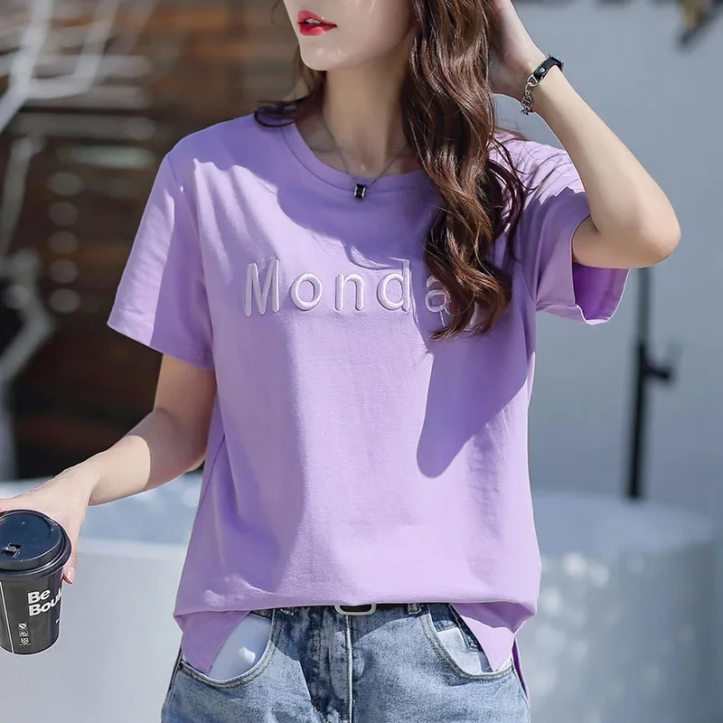 Pure Cotton T-shirt Womens Short Sleeved Loose Summer Letter Embroidery Half Sleeved Body T-shirt Clothes