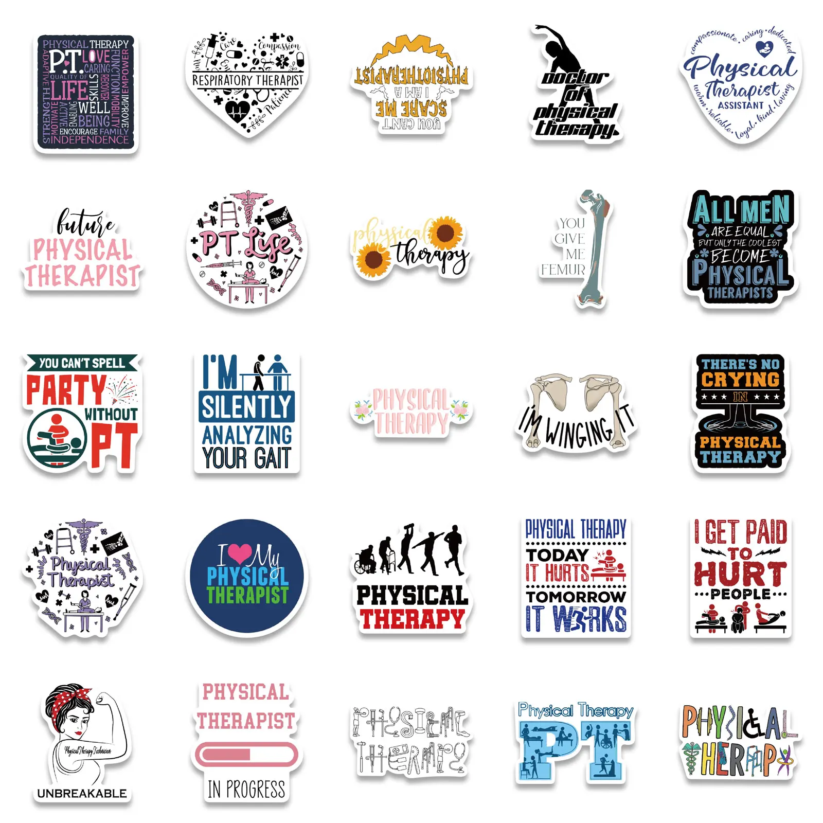 50PCS Physical Therapy Sticker For Laptop Sticker Waterproof Vinyl for Car Phone Water Bottle Friends Style PT Decal