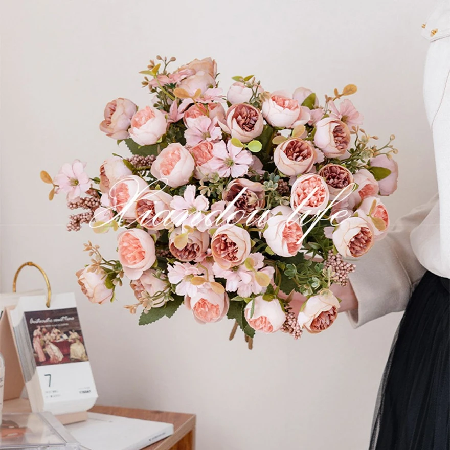 

Silk Artificial Flowers Tea bud Roses peony Wreath Wedding wall Bridal Bouquet Home vase table garden wreath Diy gift Decoration