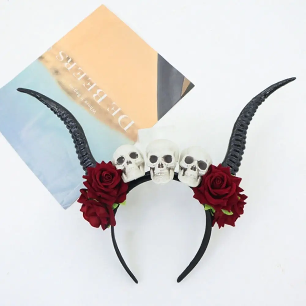 

Flower Crown Halloween Ox Horns Headband Gothic Style Skull Sheep Horn Hairband Fashion Flowers Design Red Rose Headband Cosplay