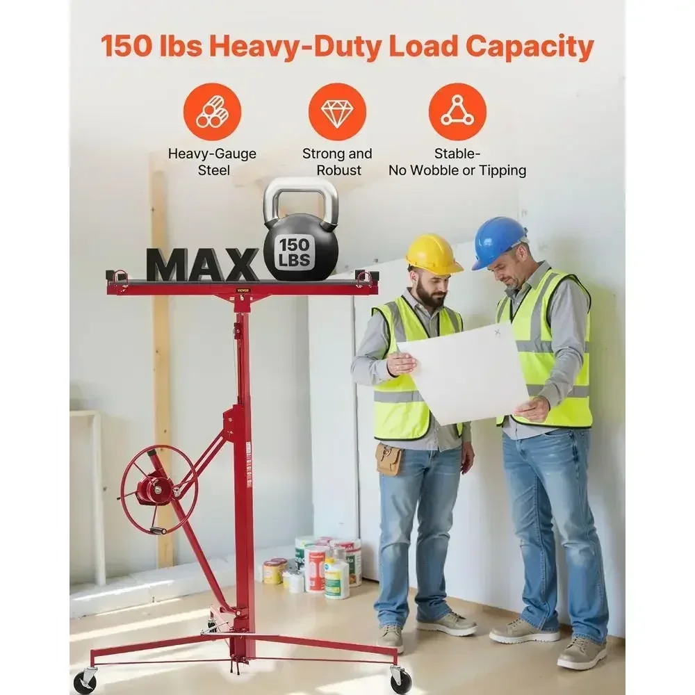VEVOR 11ft Drywall Lift, Heavy-Duty 150 lbs Sheetrock Hoist with Adjustable Telescoping Arm, Lockable Wheels, Drywall Lifter Pan