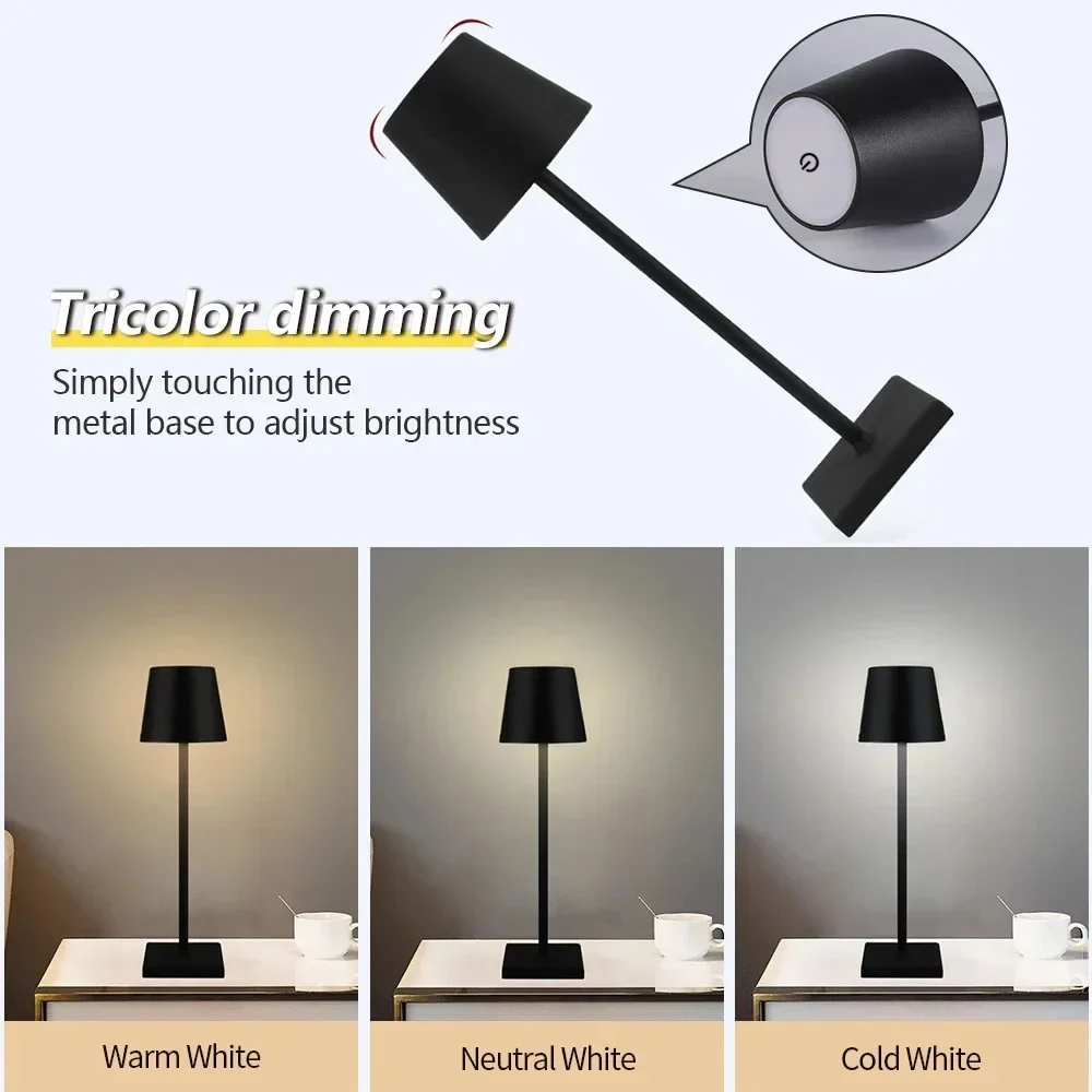 Rechargeable LED Table Lamp 3 Color Dimmable Wireless Touch Desk Light Waterproof For Study Office Room Night Light