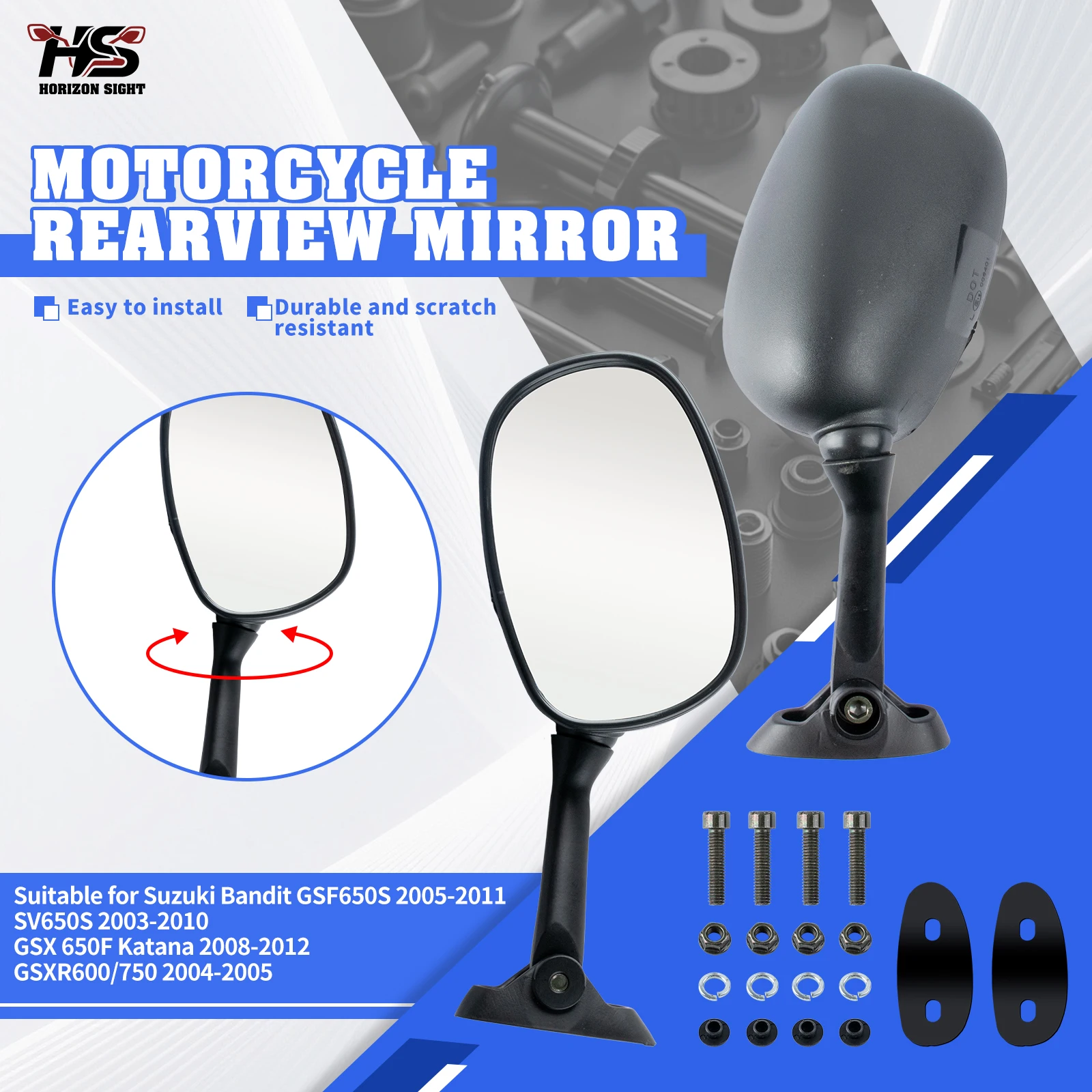 HS Motorcycle Rear View Mirror Side Mirror For Suzuki Bandit GSF650S 2005‑2011 SV650S 2003‑2010 GSX 650F Katana 2008‑2012
