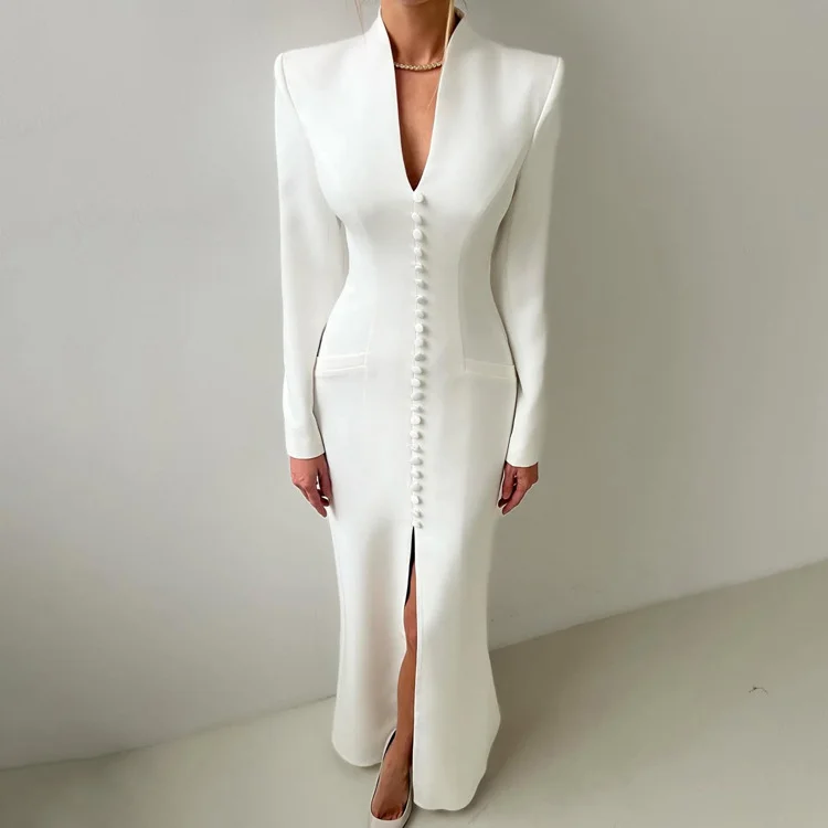 Abito da donna sottile sexy 2025 Moda scollo a V manica lunga abiti alla caviglia Elegante abito classico con spacco femminile Robe De Soiree