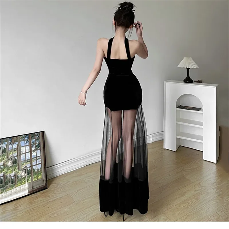 New Summer Fashion Black Sheer Mesh Tail Party Dress Hotsweet Sexy Strapless Holiday Dress Slash Neck Velvet Bodycon Photo Skirt