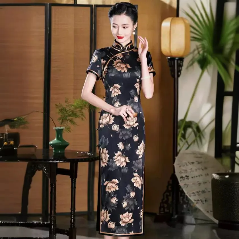 High-End Quality Real Silk Cheongsam Qipao Women's Summer Retro Improved Dress Chinese Chi-Pao