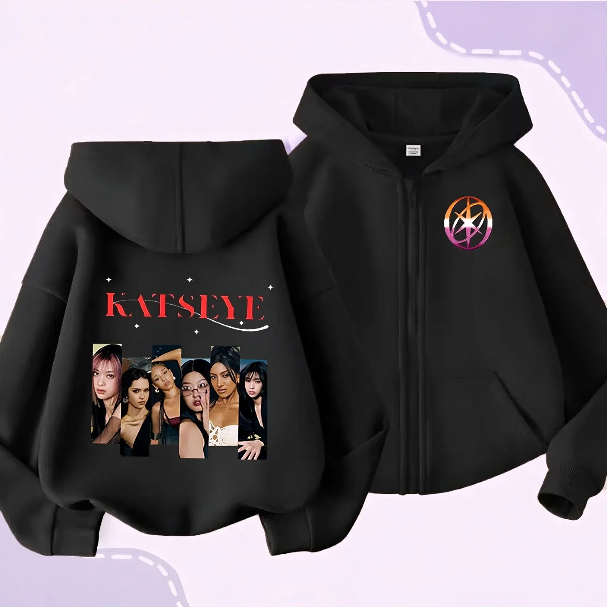 Girls Zip Up Hoodie Katseye Lara Graphic Hooded Sweatshirt Kids Long Sleeve Jacket Pocket Loose Kpop Streetwear Children Top