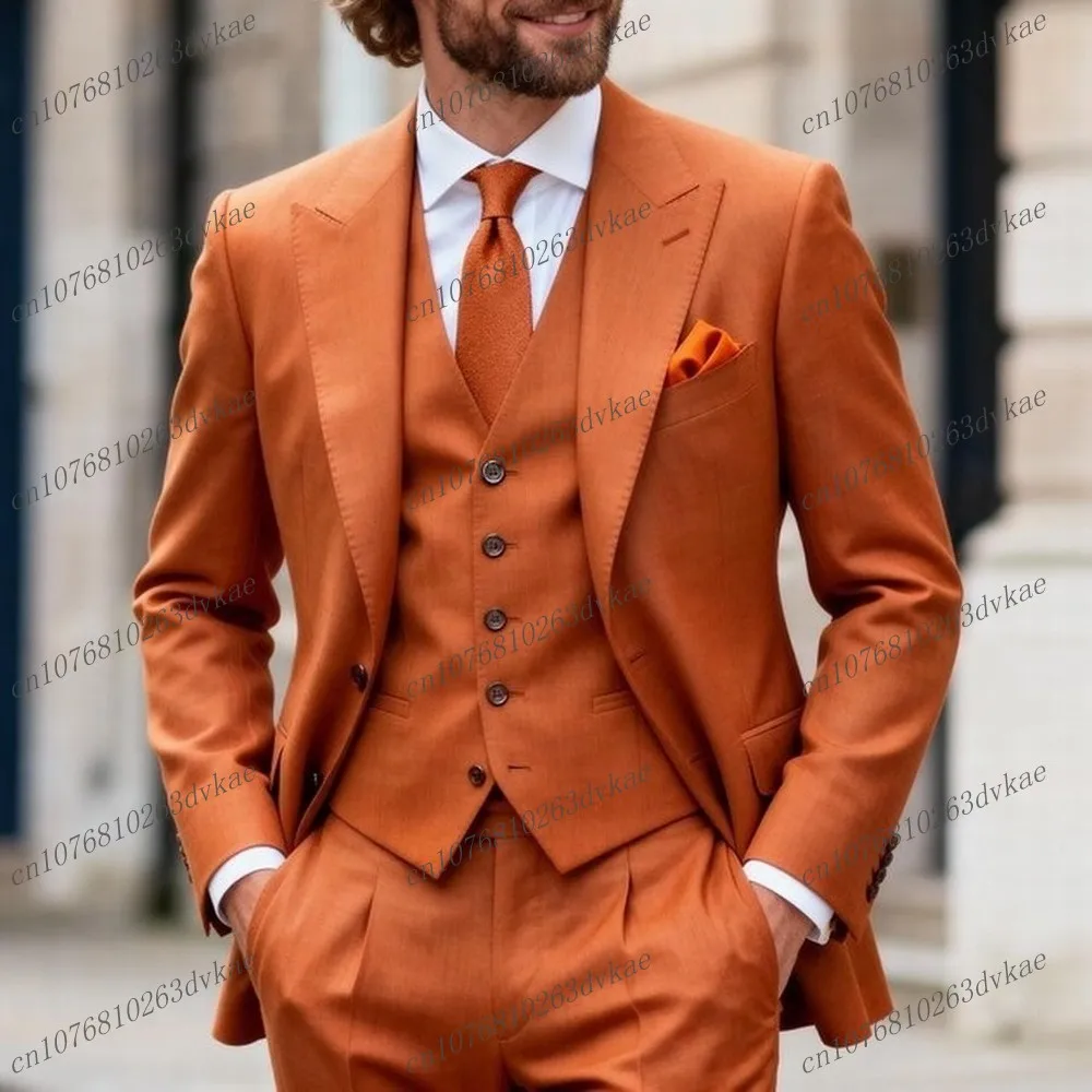 

New Orange Men Suit Wedding Party Formal Groom Groomsman Prom Business Male Tuxedos Customized 3 Piece Set Jacket Vest Pants