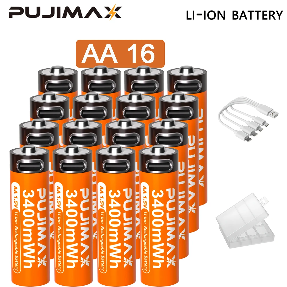 PUJIMAX 1,5 V AA en AAA oplaadbare lithiumbatterij 3400 mWh/1100 mWh, Type-C-poort Opladen worden hergebruikt 1500 keer voor wekkers