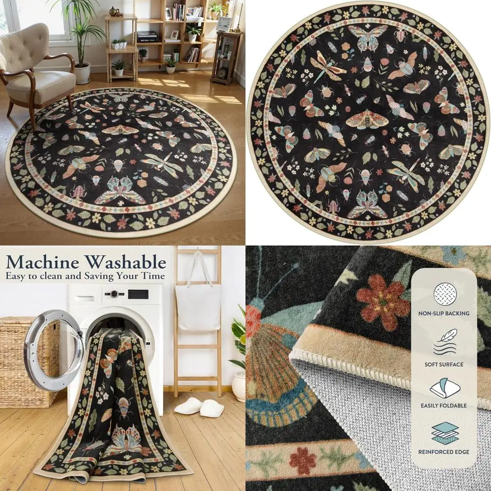 

Washable 6ft Round Area Rug, Ultra-Thin Non-Slip, Boho Style Circle Carpet for Home, Black