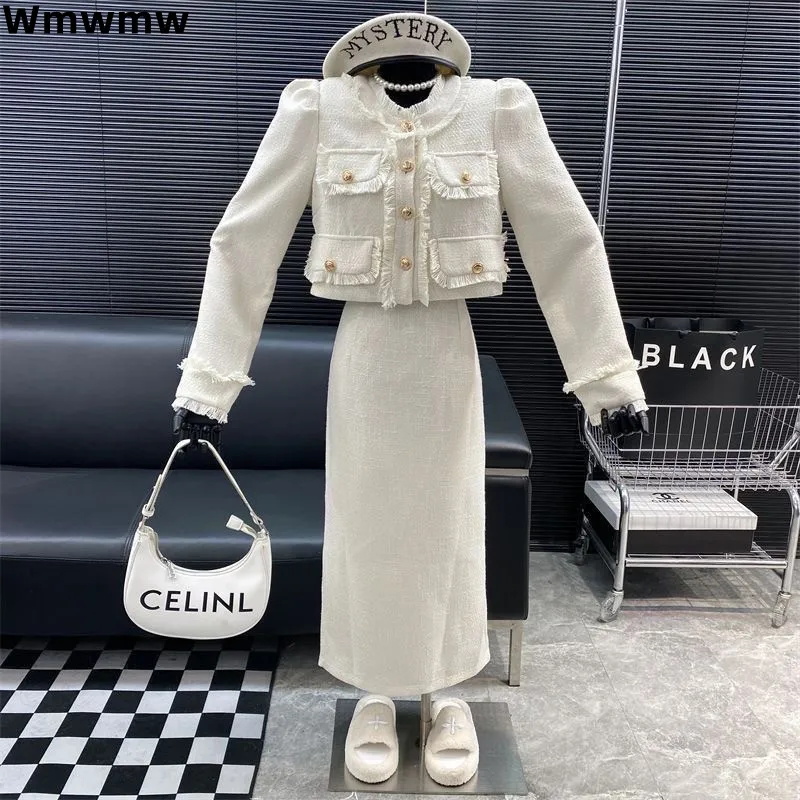 Korea Sexy Women Fall Winter 2 Piece Sets  Elegant Casual O-neck Coats Tops Ensemble  Slim Elastic High Wasit Skirts Conjunto