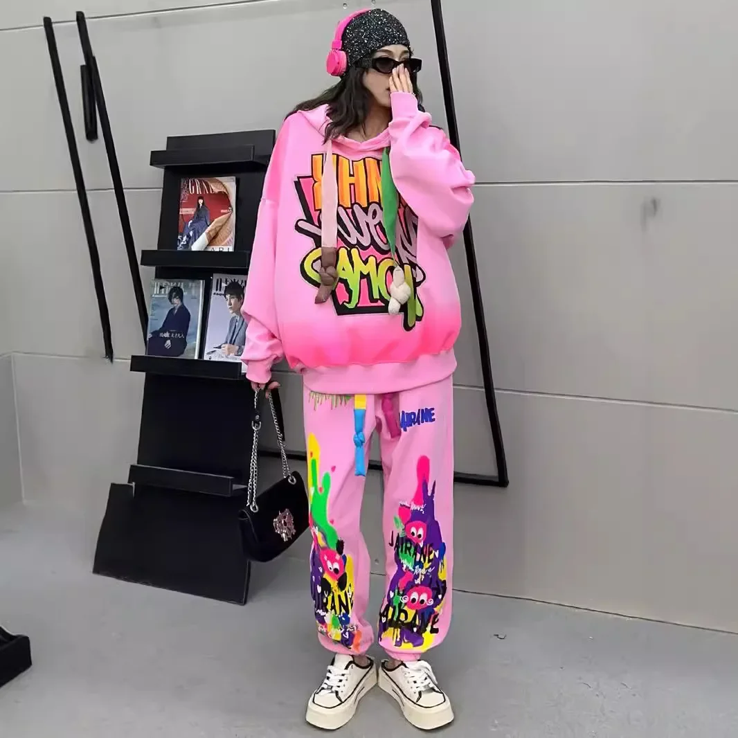 Cartoon Letter Print Hoodies Women 2024 Autumn New Oversized Sweatshirts Top and Pant Two-Piece Set Loose Leisure Sports Suit