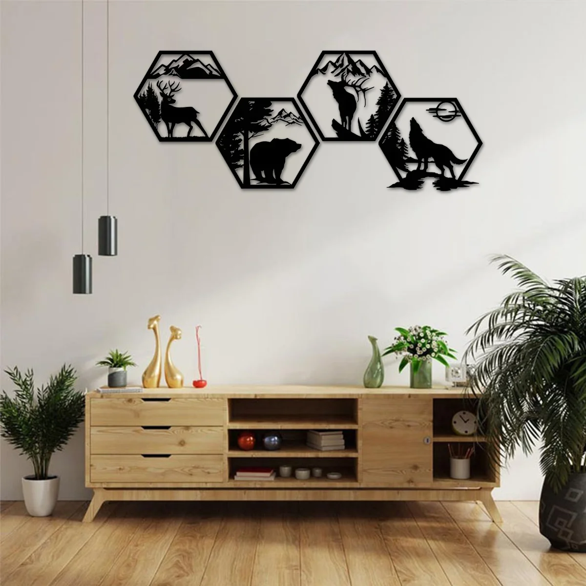 

4pcs Black Metal Decorative Frames Elk Deer Wolf Bear Hexagonal Wall Sculpture Leaked Rustic Forest Decor Wilderness Decoration