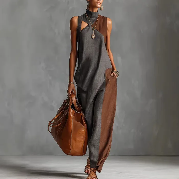 

Bohemian Women's Maxi Dress Vest Type Color Block Summer Beach Dress Loose Casual High Neck Cutout Long Dresses for Daily Wear