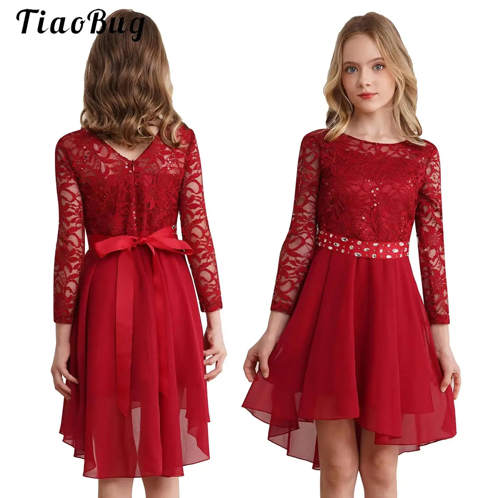 

Kids Girls Elegant Lace Party Dress Flower Wedding Evening Prom Long Sleeve High-Low Chiffon Rhinestones Sash Ball Gown Dress
