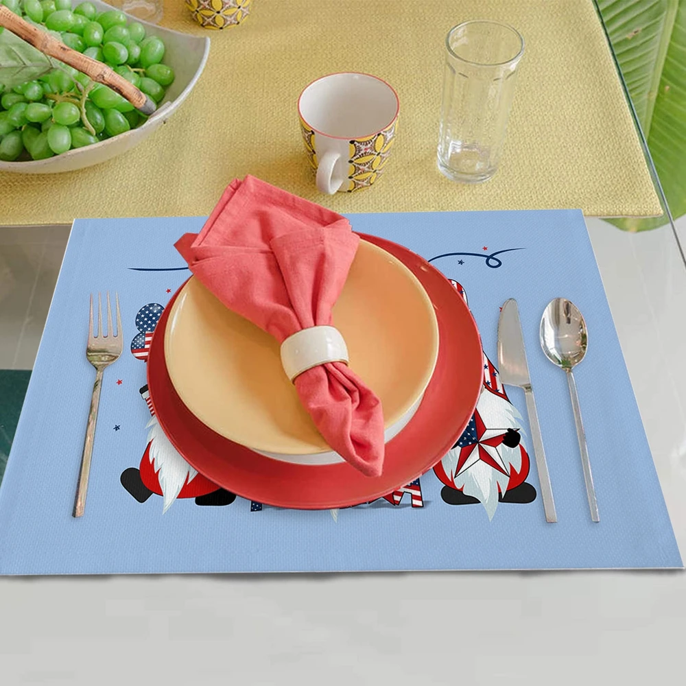 4pcs Cotton Line Table Mat Independence Day Dwarf Pattern Tableware Placemat Heat Resistant Anti Slip Pad for Home Outdoor Kids