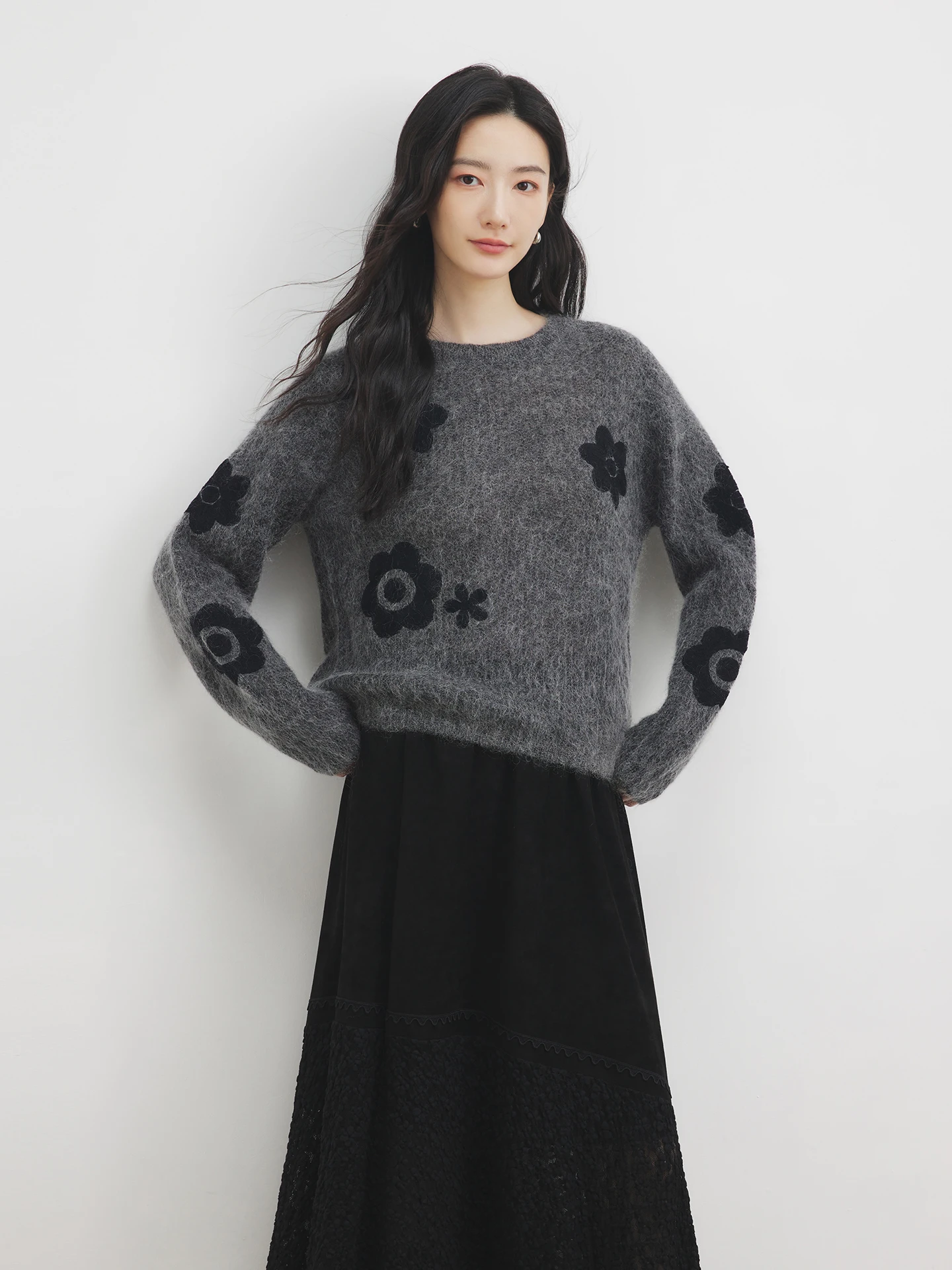 

Шерстяной вязаный свитер Annata для женщин с цветочным узором, прямого кроя, из мягкой нейлоновой смеси с кашемиром, с длинными рукавами, круглым вырезом, теплый топ