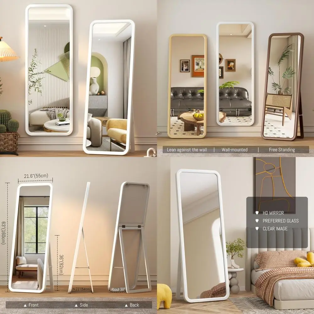 大きな無垢材フレームの全身鏡、スタンド付き、自立式または壁掛け式、家の装飾用大型ボディミラー