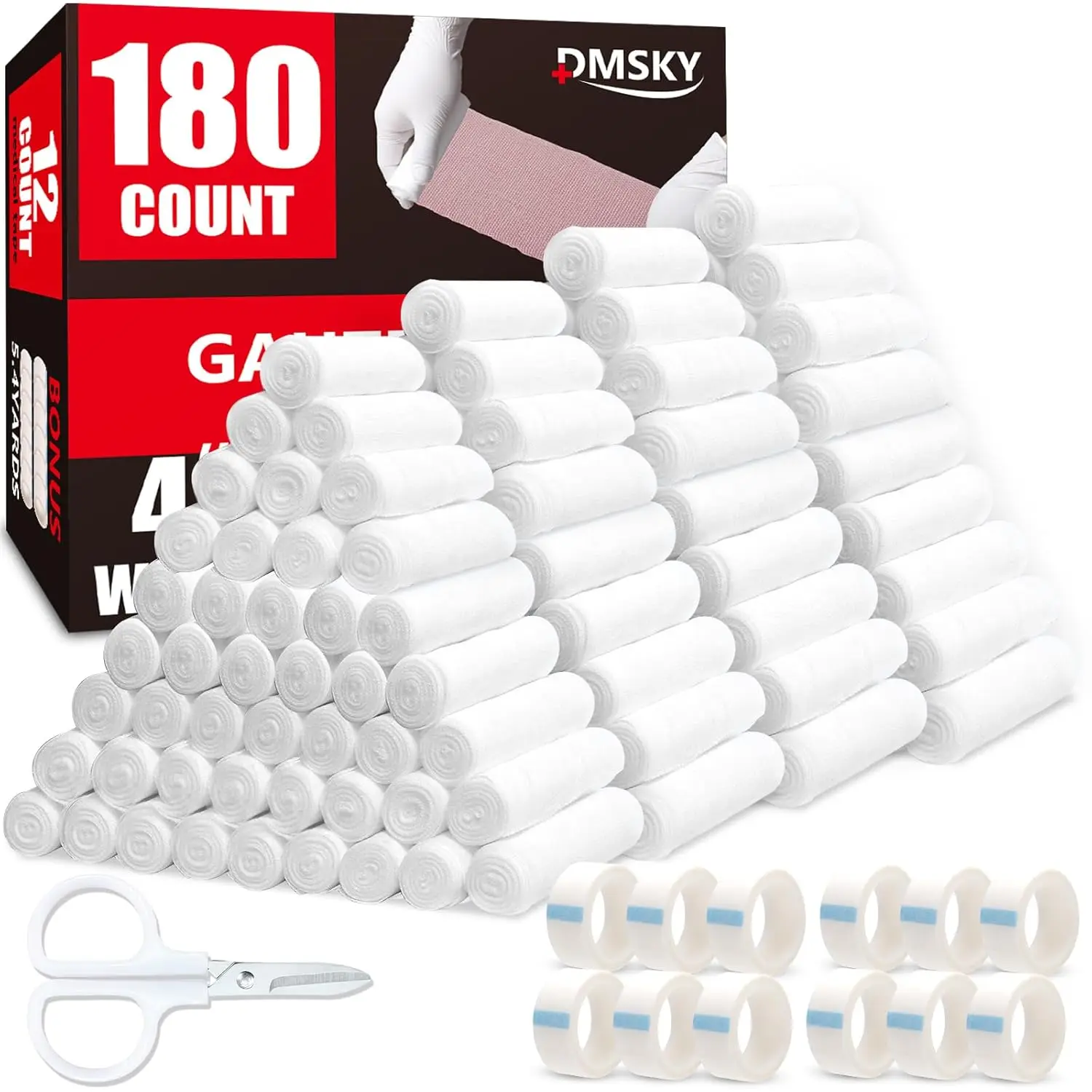 

180 Pack Individually Wrapped Gauze Rolls, 4 in x 4.1 Yards, Breathable Bandage for First Aid and Wound Care