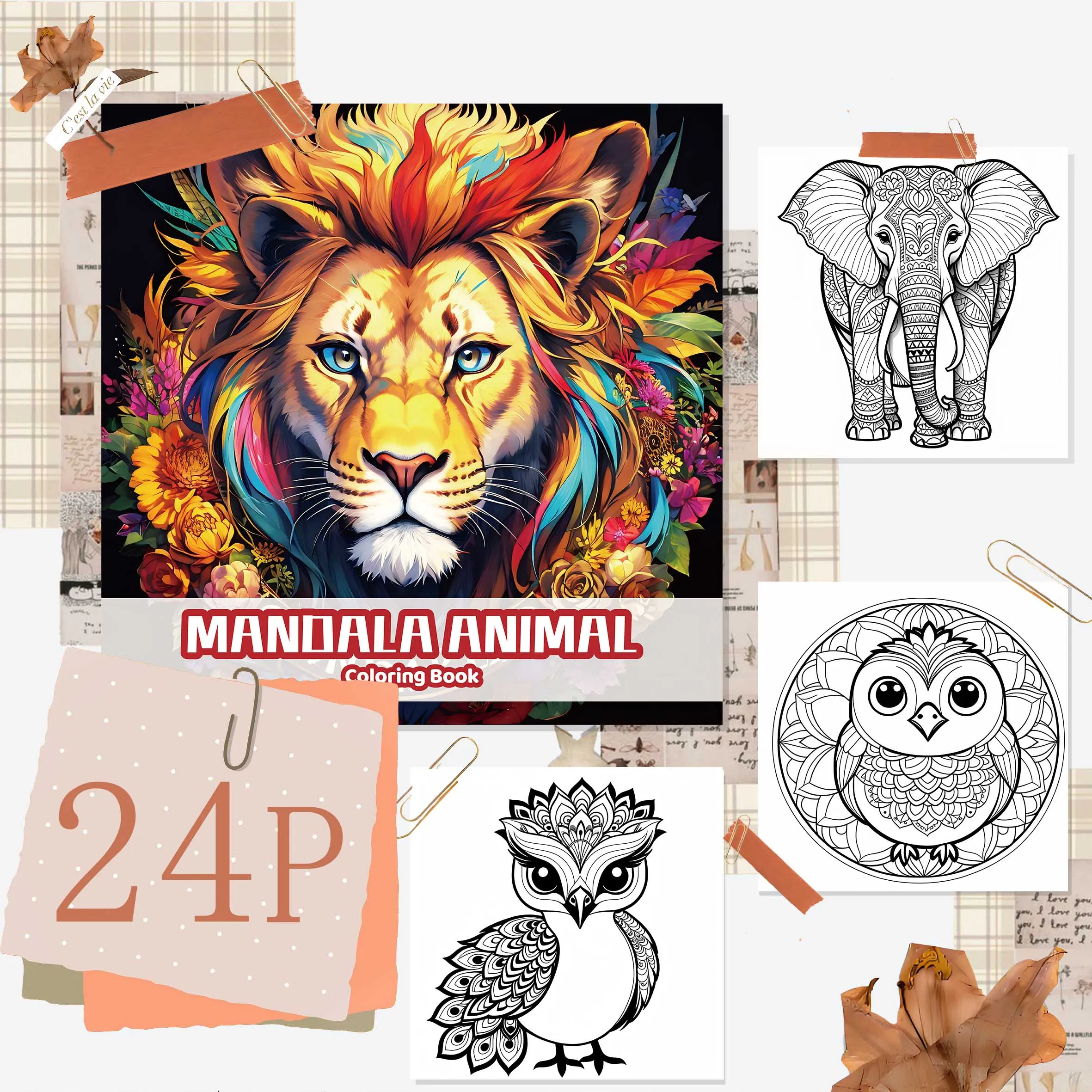 Mandala Animal Art Coloring Book 24 Page Gift For Adult Picture Book Birthday Party Relieve Stress Kill Time Graffiti Painting