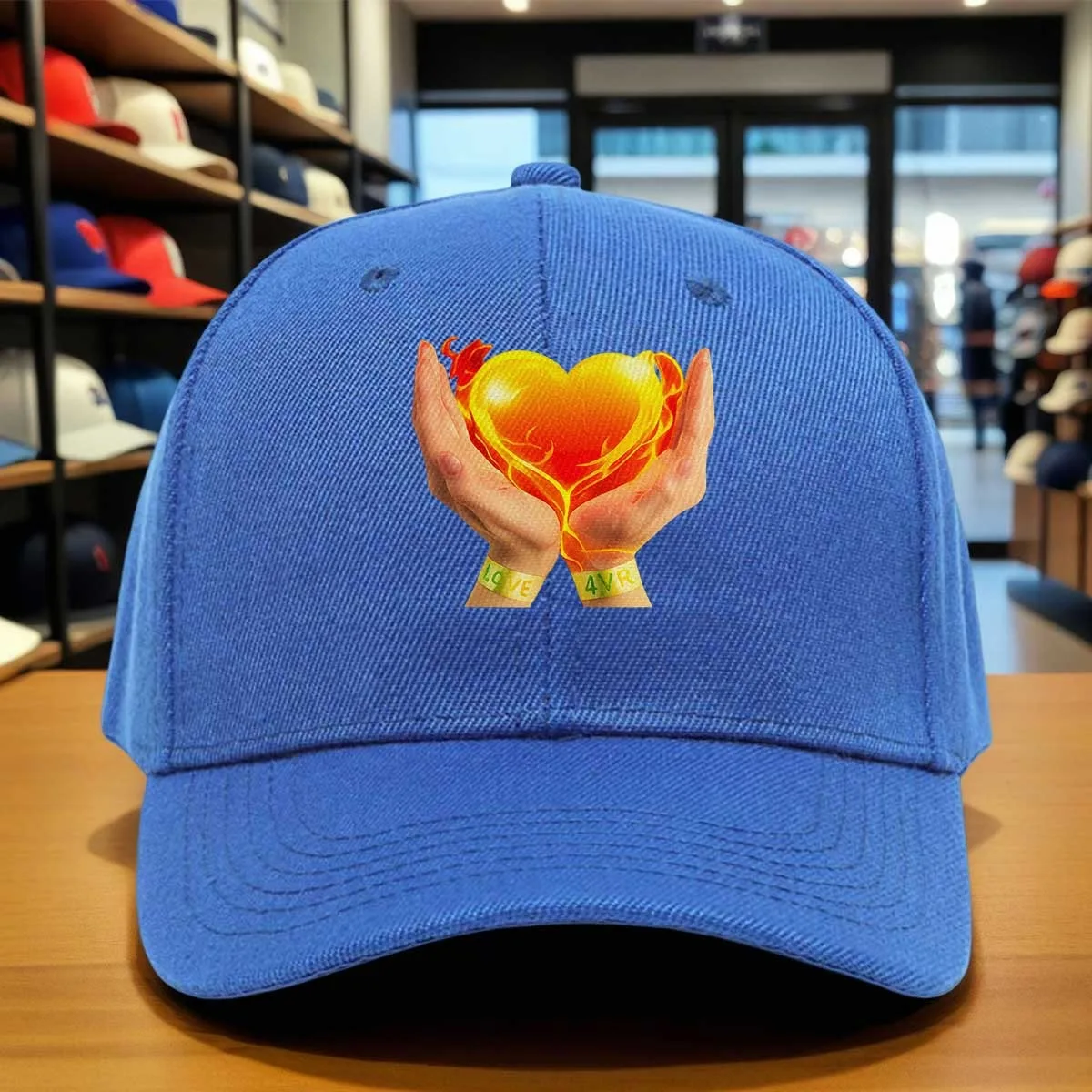 Flame Baseball Cap with Armband Design - Vibrant Red/Orange Heart & Hands Print Hat, Adjustable Hook-and-Loop Closure, Suitable