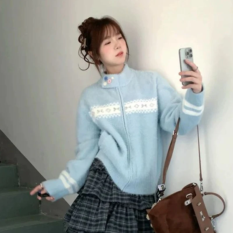 الأزرق خمر سترة متماسكة المرأة الحلو الجاكار زر المرقعة كم طويل سترة الوقوف طوق البريدي فضفاض بلايز الكورية عادية