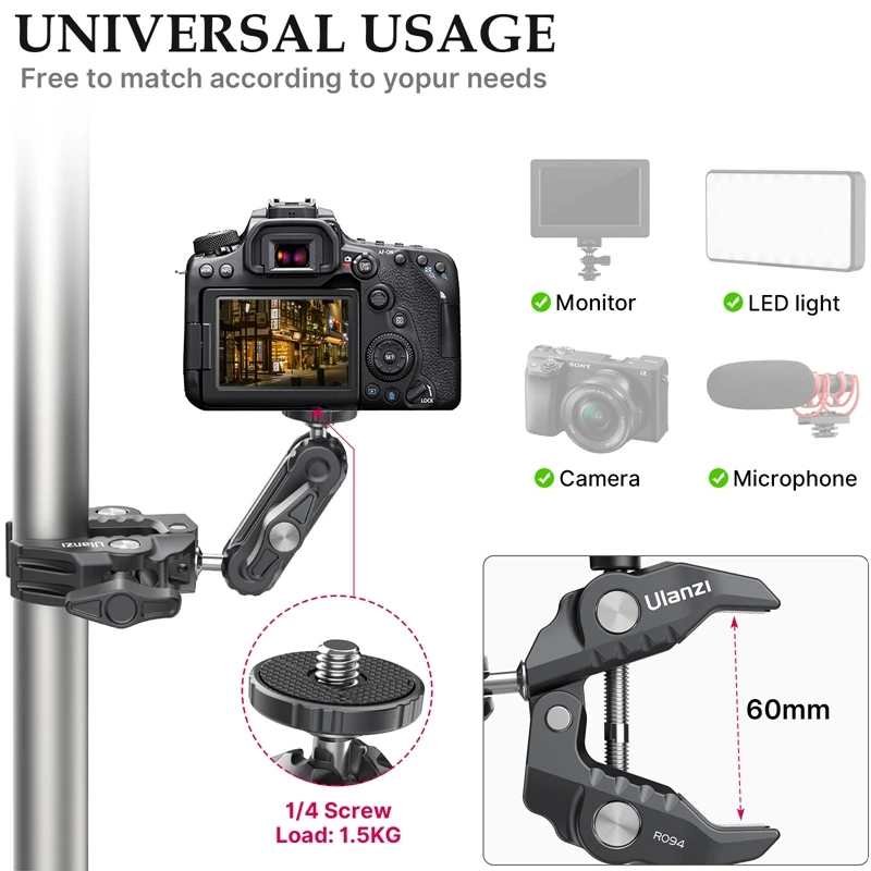 Ulanzi Metal Super Clamp with Double Ballhead Magic Arm for Camera Light Mic Video Monitor Clamp 1/4 3/8 Thread For Rods Hook