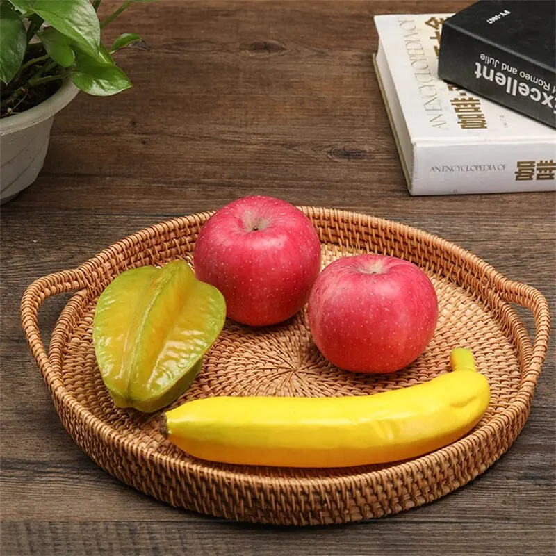 E2 Rattan Handmade Real Rattan Fruit Basket Snack Bread Basket Tray Living Room Snacks Sundries Round Storage Basket Fruit Tray