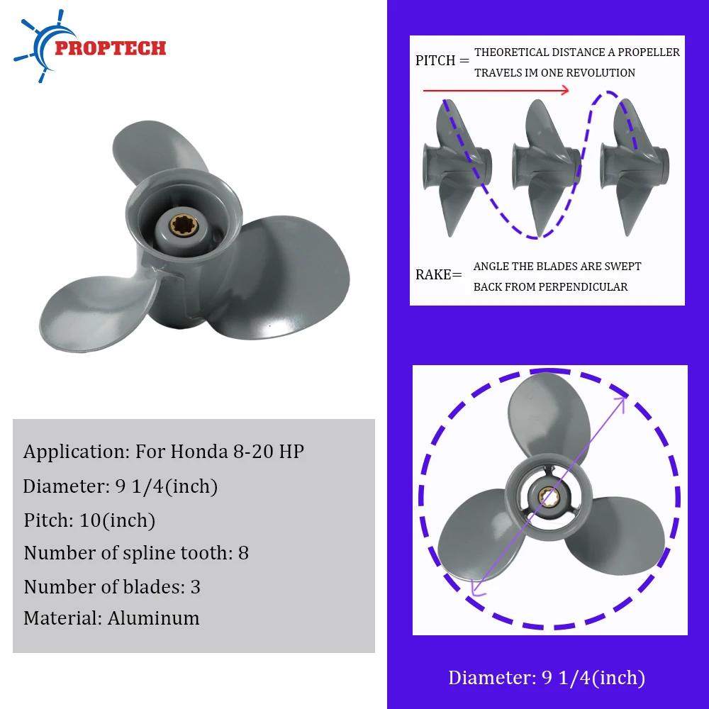 Outboard Propeller For Honda 8 9.9 15 20hp 9 1/4 *10 Boat Motor Aluminum Alloy Screw 3 Blade 8 Spline Marine Engine Part