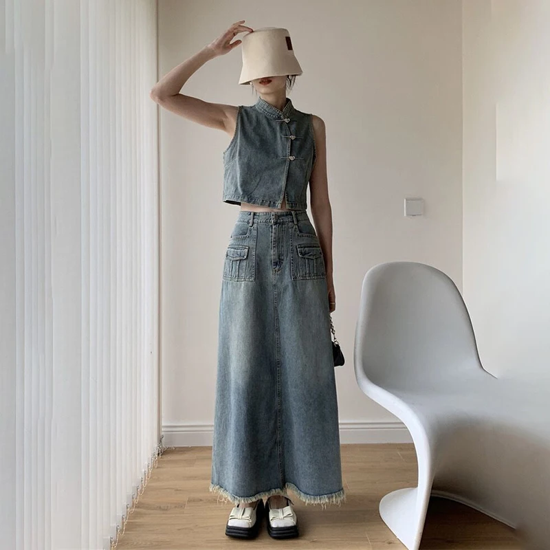 Summer New Denim Skirt Set Vintage Standing Neck Sleeveless Short Tank Top Women's Versatile Simple Denim Half Skirt 2-piece Set