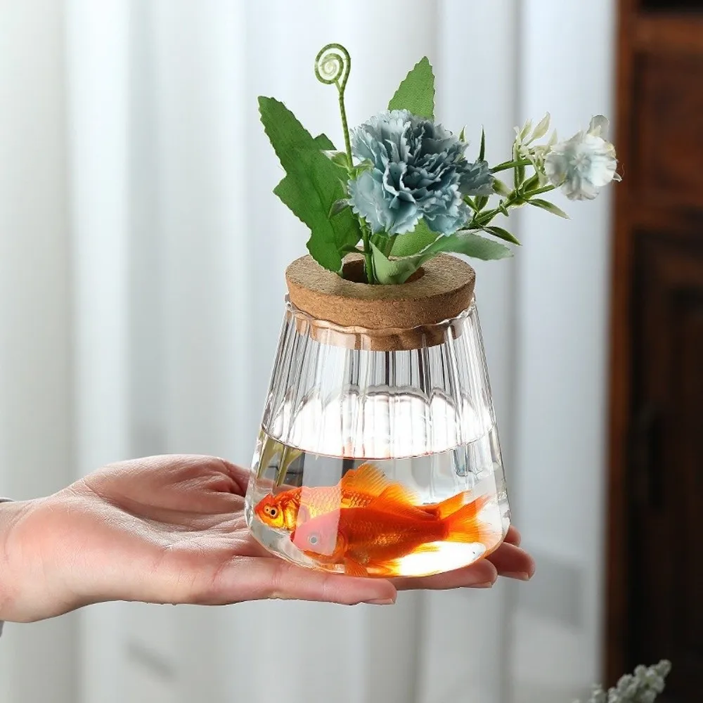 Glass Material Glass Planter Wooden Base Tabletop Design Water Cultivation Vase Modern Thick Vase Rack Office Decoration