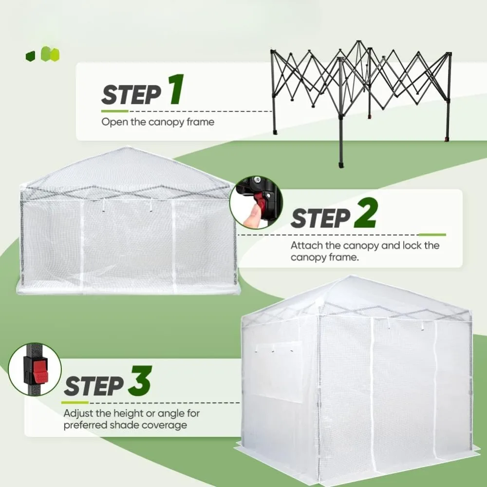 8x8 Portable Walk-in Greenhouse, Pop-up Indoor Outdoor Garden Green House, Zippered Doors and Windows, PE Cover, White