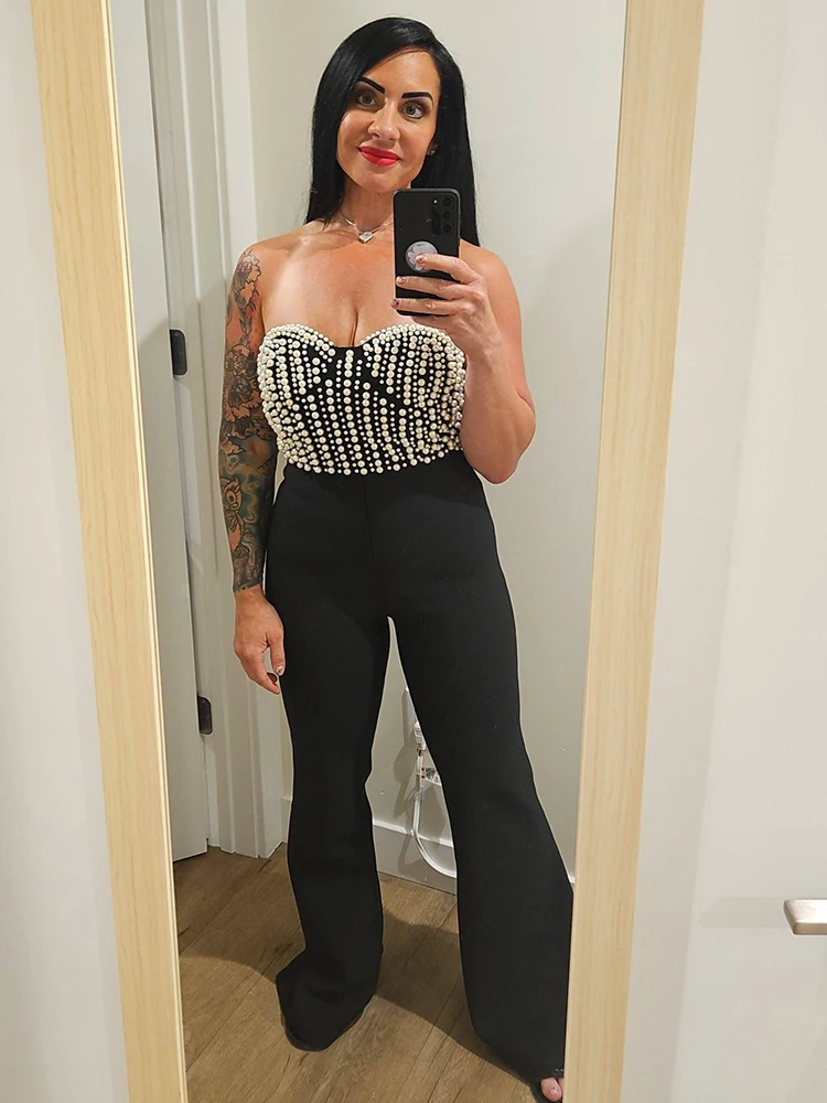

VC Glamorous Chic Black Strapless Backless Jumpsuit with Pearl Details for Party Prom Formal Events