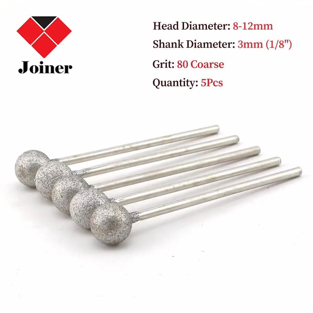 5Pcs 8-12mm Spherical Head Diamond Grinding Bit Set Coated Rotary Burr Jade Jewelry Stone Carving Tools for Dremel Accessories